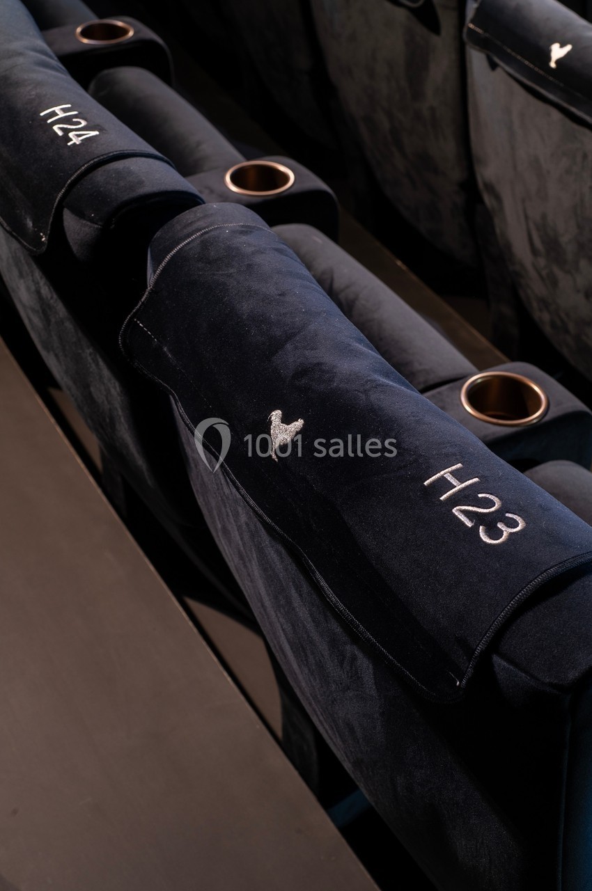 Rangée de sièges de cinéma en velours noir avec porte-gobelets et numéros brodés visibles.