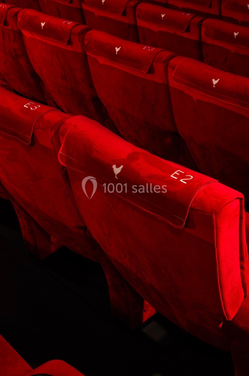 Rangée de sièges de théâtre en velours rouge avec des numéros et des motifs brodés sur les dossiers.