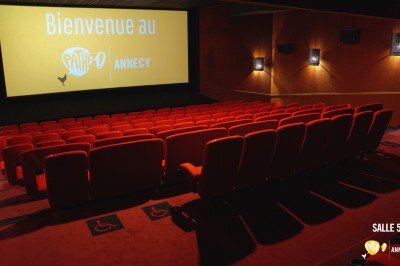 Rangées de sièges rouges alignés dans une salle de cinéma vide, éclairée par une lumière tamisée.