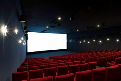 Salle de cinéma vide avec rangées de fauteuils rouges, éclairage tamisé et écran hors champ.