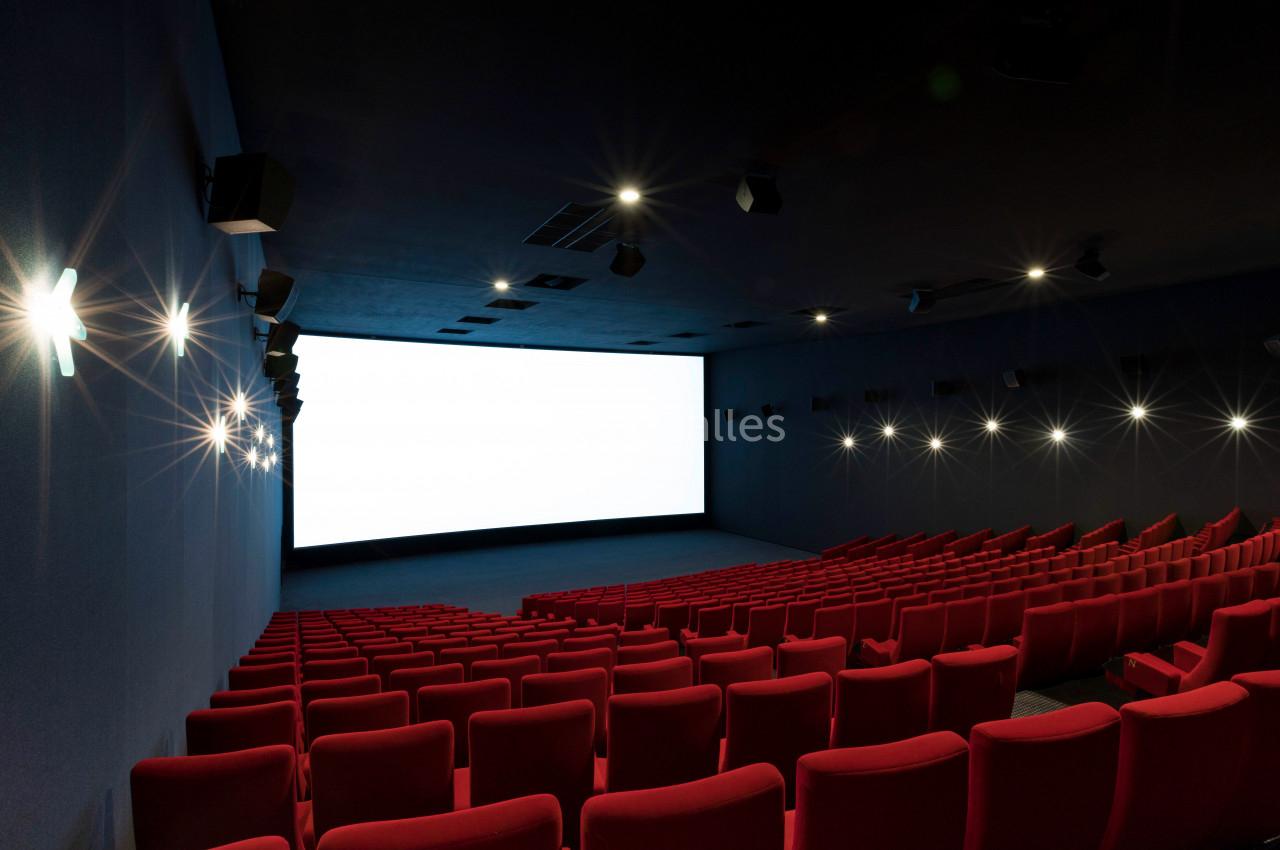Salle de cinéma vide avec des rangées de sièges rouges et un grand écran blanc allumé.