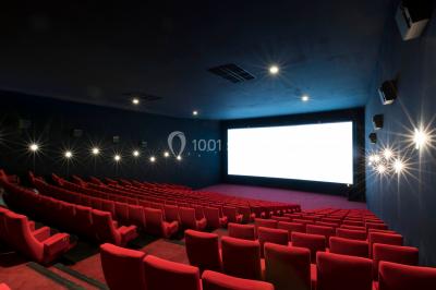 Salle de cinéma vide avec rangées de fauteuils rouges, éclairage tamisé et écran hors champ.
