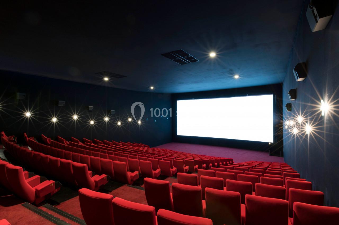 Salle de cinéma vide avec rangées de fauteuils rouges et un grand écran blanc allumé au fond.