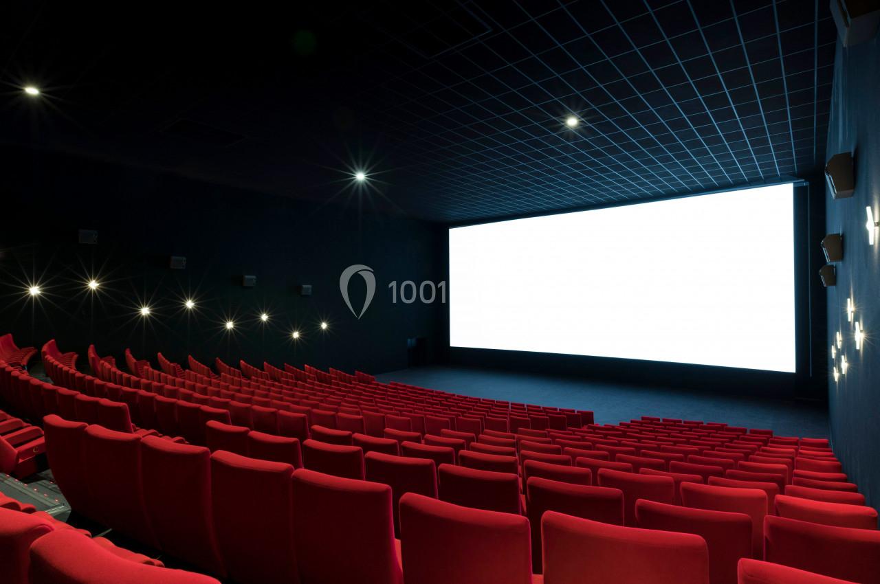 Salle de cinéma vide avec des rangées de sièges rouges et un grand écran blanc allumé.