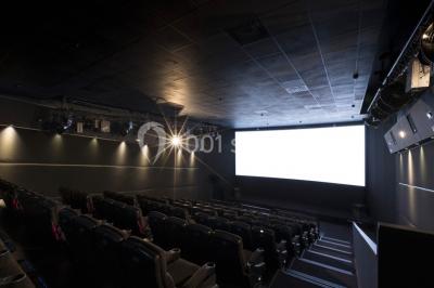 Salle de cinéma moderne avec sièges inclinables, éclairage tamisé et projecteur allumé.