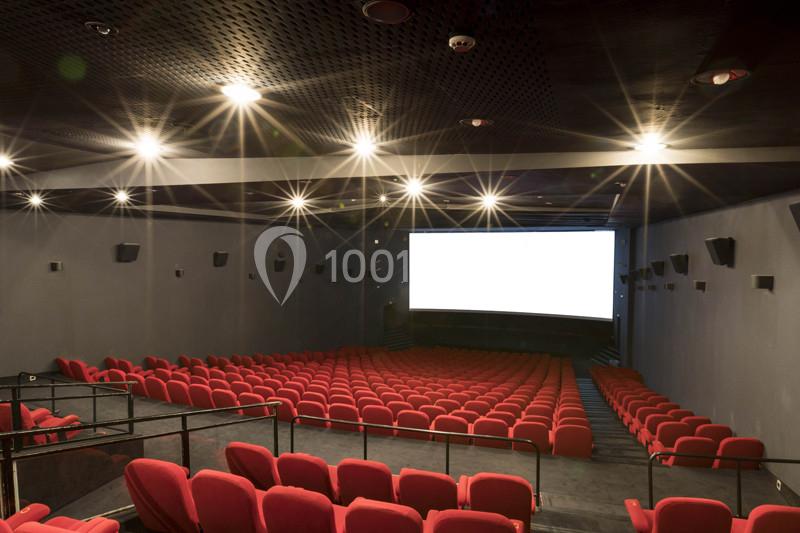 Salle de cinéma vide avec rangées de fauteuils rouges et un grand écran blanc allumé à l'avant.