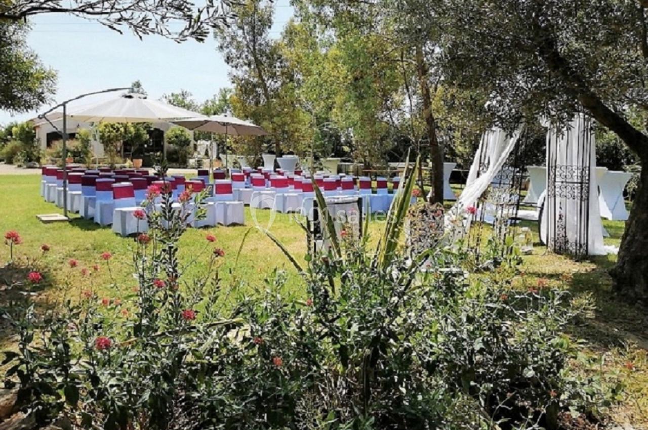 Chaises décorées disposées en extérieur pour une cérémonie, entourées de verdure et de fleurs sous un ciel dégagé.