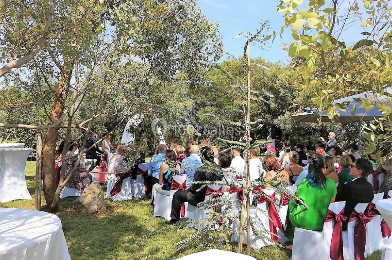 Invités assis sur des chaises blanches décorées de rubans rouges lors d'une cérémonie en plein air sous des arbres.
