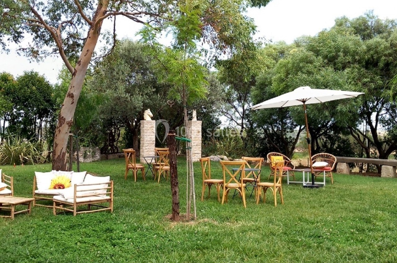 Mobilier de jardin en bois disposé sur une pelouse avec des arbres, des parasols et un décor naturel en arrière-plan.