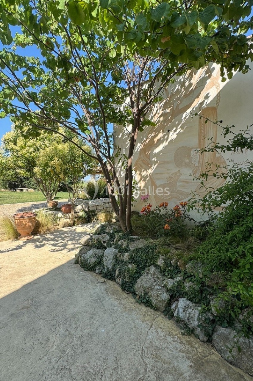 Un jardin avec un arbre ombrageant un mur beige décoré, des pots en terre cuite et des fleurs colorées au sol.