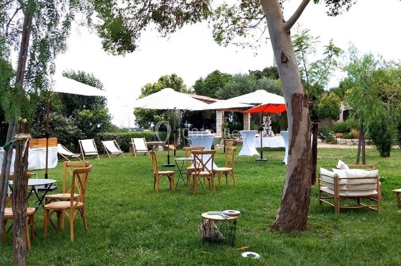 Espace extérieur avec chaises, tables et parasols disposés sur une pelouse entourée d'arbres.