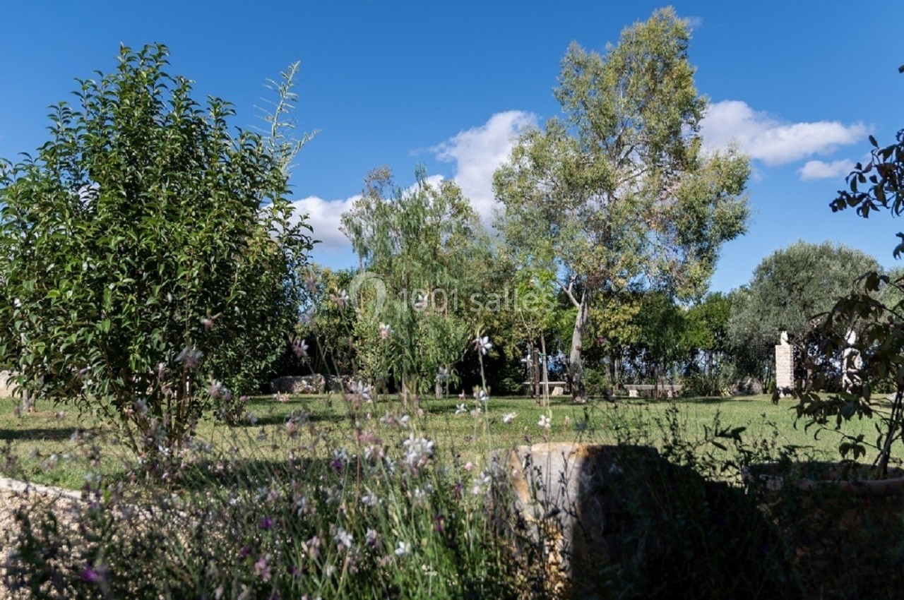 Jardin verdoyant avec arbres, fleurs sauvages au premier plan et ciel bleu parsemé de nuages en arrière-plan.