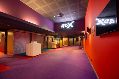 Espace intérieur spacieux avec moquette rouge, colonnes, éclairage tamisé et fauteuils disposés près des vitrines.