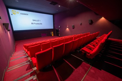 Rangée de fauteuils rouges numérotés dans une salle de cinéma sombre.