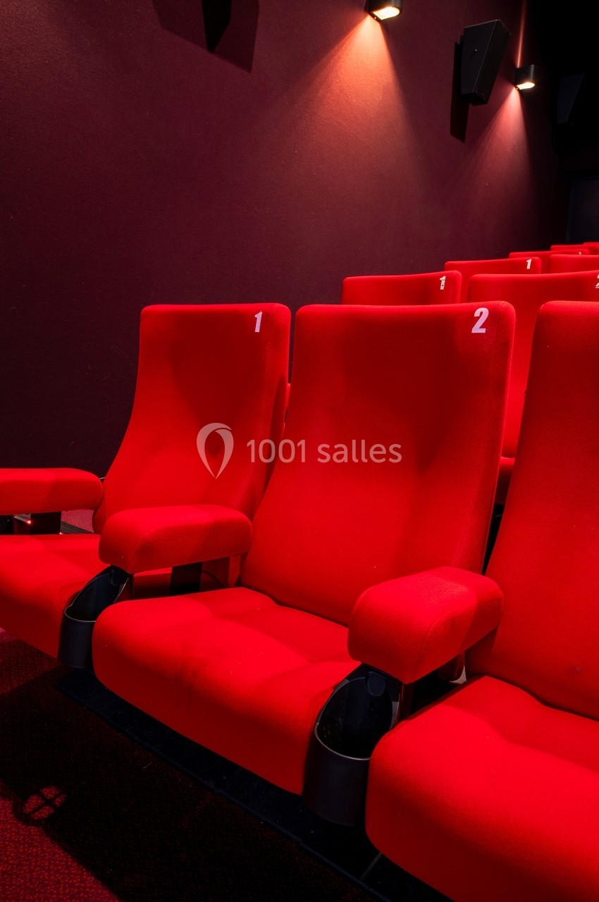 Rangée de fauteuils rouges numérotés dans une salle de cinéma sombre.