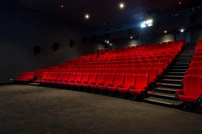 Silhouette d'un coq noir sur une rambarde en bois devant un mur blanc avec le logo jaune ’Pathé !’ éclairé par la lumière.