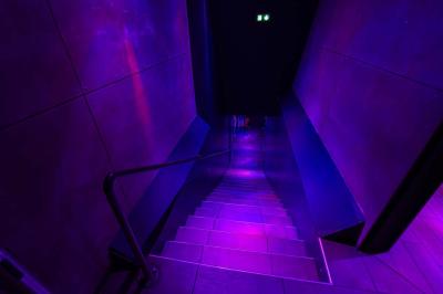 Salle de toilettes modernes avec lavabos en acier inoxydable, miroirs, cabines fermées et éclairage au plafond.