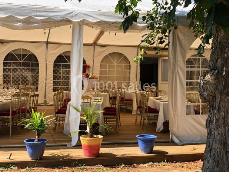 Intérieur d'une tente événementielle avec tables dressées, chaises dorées et plantes en pots colorés au premier plan.