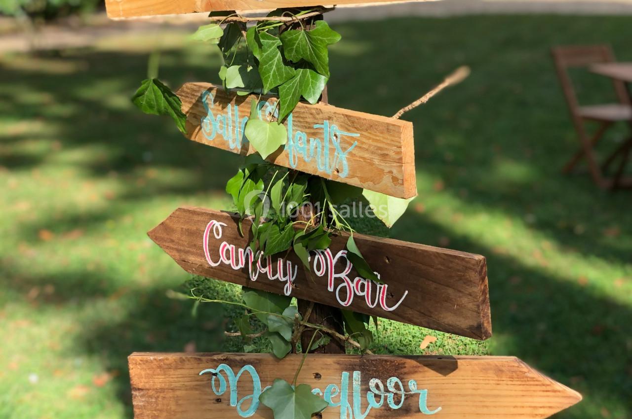 Panneaux en bois décorés de feuillage indiquant différentes directions dans un jardin verdoyant.