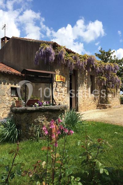 Façade en pierre d'une maison avec glycine en fleurs, puits ancien et jardin fleuri sous un ciel bleu.