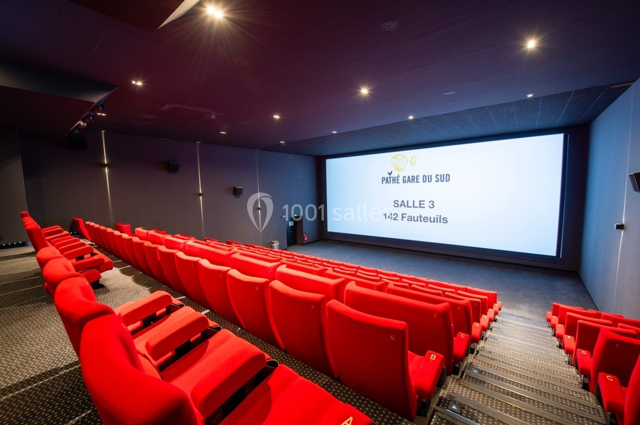 Salle de cinéma vide avec rangées de fauteuils rouges, écran blanc affichant ’Salle 3, 142 fauteuils’.
