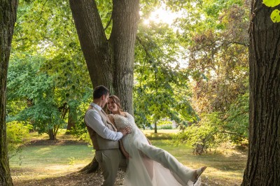 Feu d'artifice illuminant le ciel nocturne au-dessus d'un espace extérieur avec arbres et structure éclairée.