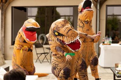 Bâtiment éclairé avec des fenêtres rouges, arbres décorés de lumières blanches et allée pavée de nuit.