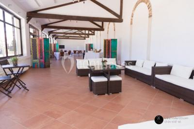 Bâtiment éclairé avec des fenêtres rouges, arbres décorés de lumières blanches et allée pavée de nuit.