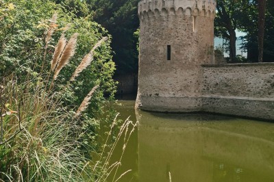 Salle de réunion avec une grande table rectangulaire, chaises noires, documents, bouteilles d'eau et écran de présentation.
