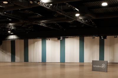 Miniature Salle Capella Entrée d'un bâtiment avec escalier central, écrans d'affichage, plantes décoratives et sol en parquet.