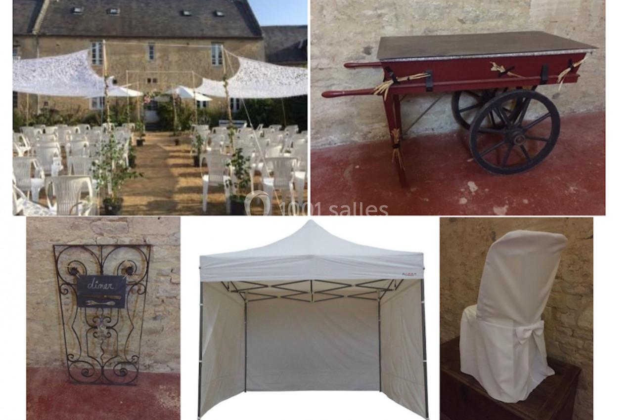 1. Allée centrale décorée pour une cérémonie en extérieur, entourée de chaises blanches et de voiles suspendus. 2. Chariot…