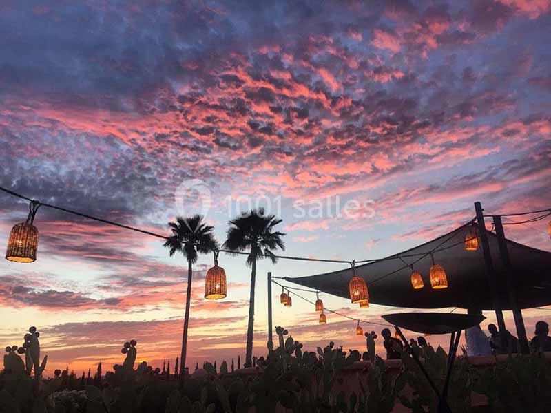 Ciel coloré au coucher du soleil avec des nuages roses, des palmiers et des lanternes suspendues éclairées.