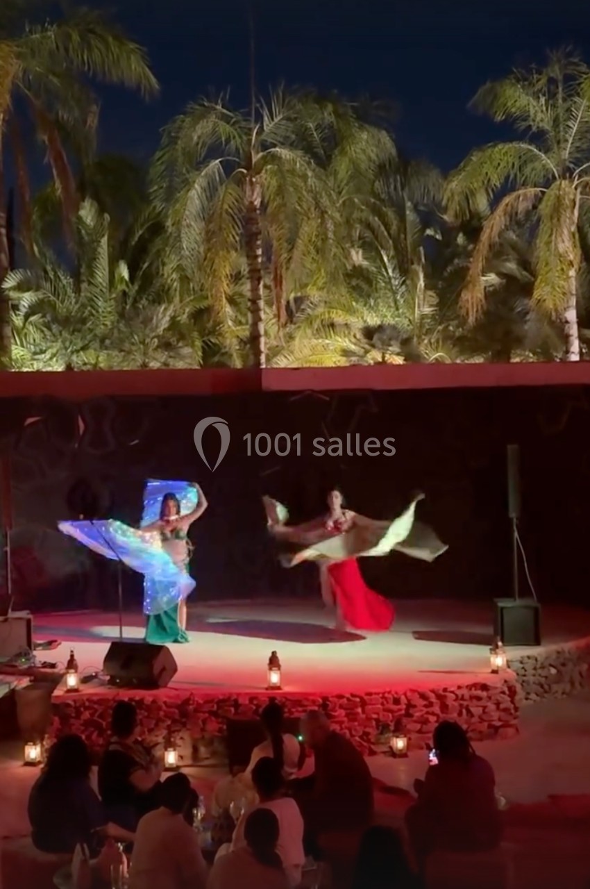 Deux danseuses exécutent une performance avec des voiles colorés sur une scène en plein air, entourée de palmiers.
