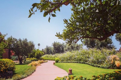 Cloison décorative ajourée en bois sombre devant une baignoire avec robinetterie métallique, lumière naturelle en arrière…