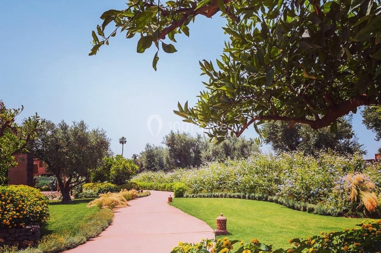 Allée sinueuse bordée de pelouses, fleurs colorées et arbres sous un ciel dégagé.
