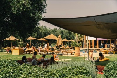 Cloison décorative ajourée en bois sombre devant une baignoire avec robinetterie métallique, lumière naturelle en arrière…