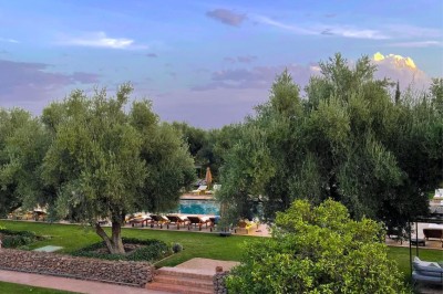 Cloison décorative ajourée en bois sombre devant une baignoire avec robinetterie métallique, lumière naturelle en arrière…