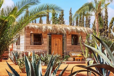 Cloison décorative ajourée en bois sombre devant une baignoire avec robinetterie métallique, lumière naturelle en arrière…