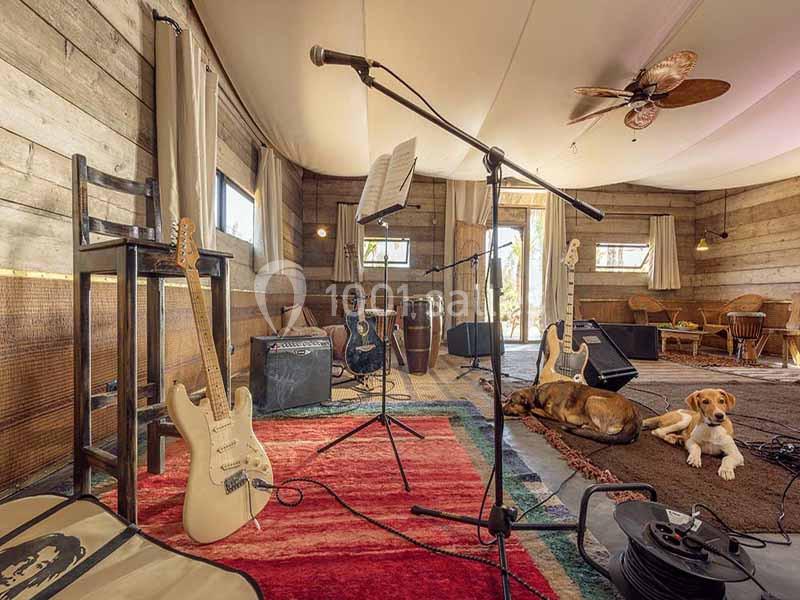 Salle de musique rustique avec guitares, amplis, micros, tapis coloré, et deux chiens allongés au sol.