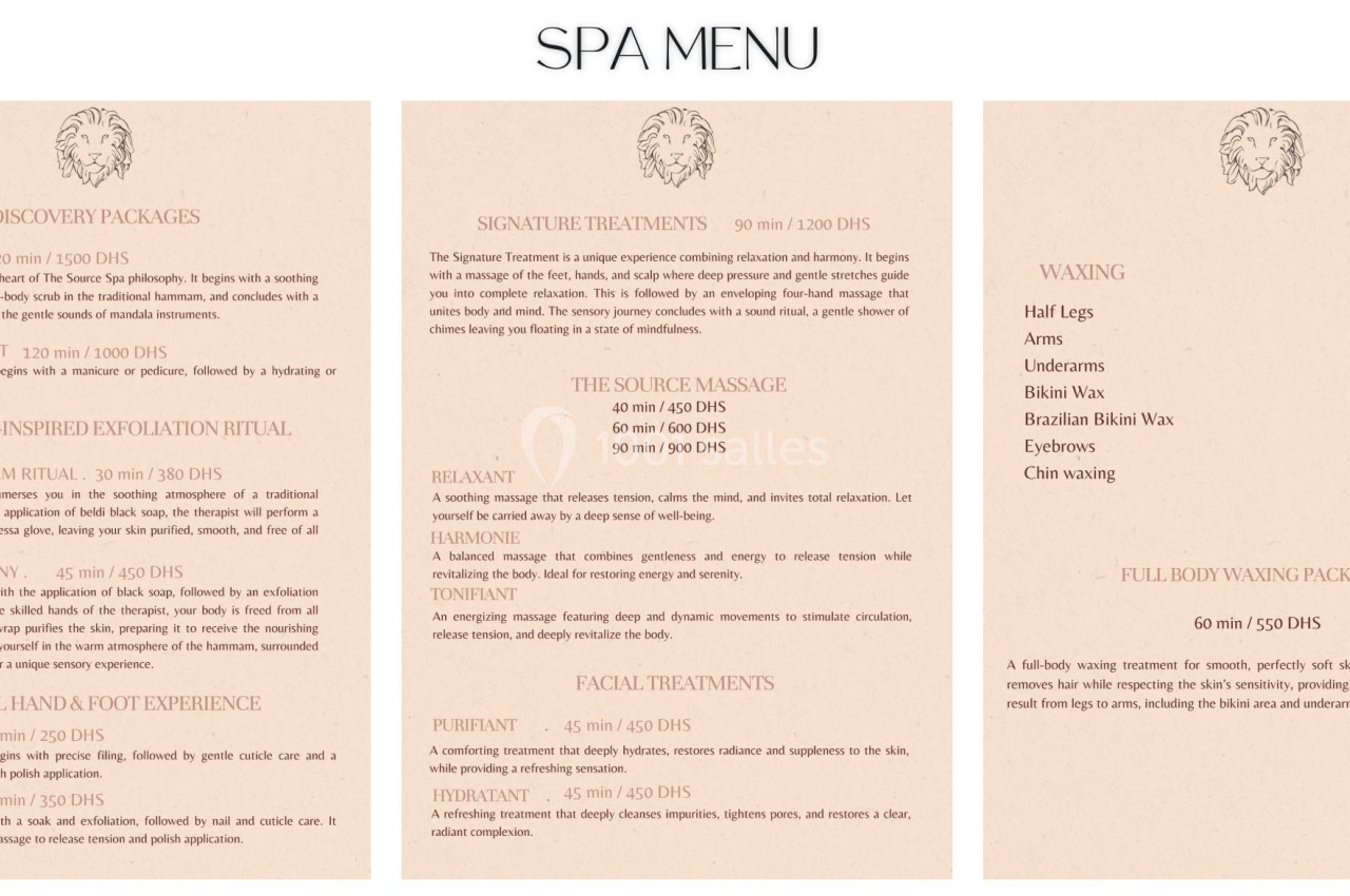 Menu de spa détaillant des soins corporels, massages, traitements du visage et services d'épilation avec durées et tarifs.