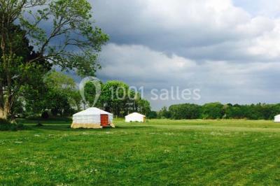 Deux chaises en métal décorées de fleurs colorées, placées sur une pelouse en extérieur par temps clair.