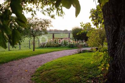 Tables décorées pour un événement avec chandeliers, compositions florales suspendues et lumière tamisée.