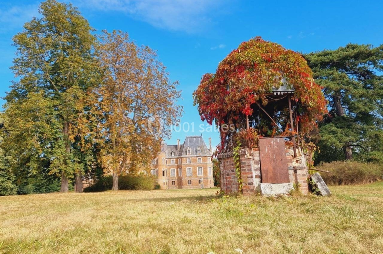 Un puits en briques couvert de vigne vierge devant un château entouré d'arbres dans un parc ensoleillé.