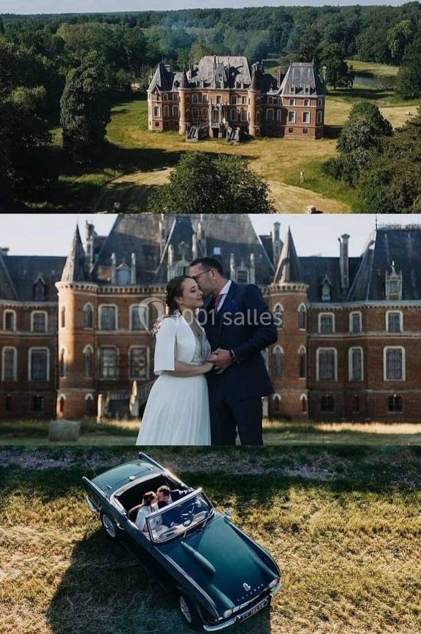 1. Vue aérienne d'un château entouré de verdure. 2. Couple en tenue de mariage s'embrassant devant un château. 3. Voiture…