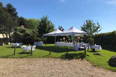 Table de candy bar décorée avec des bonbons variés, lanternes suspendues et éclairage violet en arrière-plan.