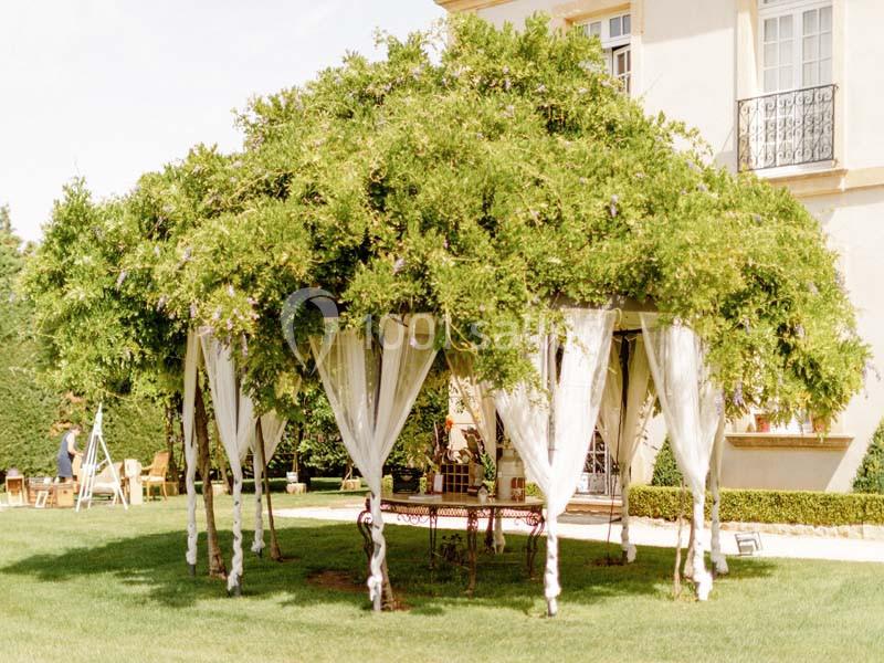 Tonnelle couverte de feuillage et de rideaux blancs, installée dans un jardin devant une maison beige.