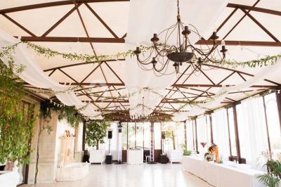 Vue d'une terrasse avec parasols et piscine, encadrée par des haies sombres et un ciel dégagé en arrière-plan.