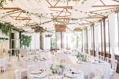 Vue d'une terrasse avec parasols et piscine, encadrée par des haies sombres et un ciel dégagé en arrière-plan.