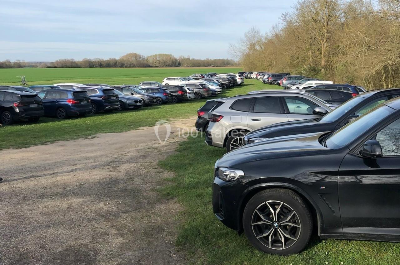 File de voitures garées sur une pelouse près d'un chemin, entourée de champs et d'arbres en arrière-plan.