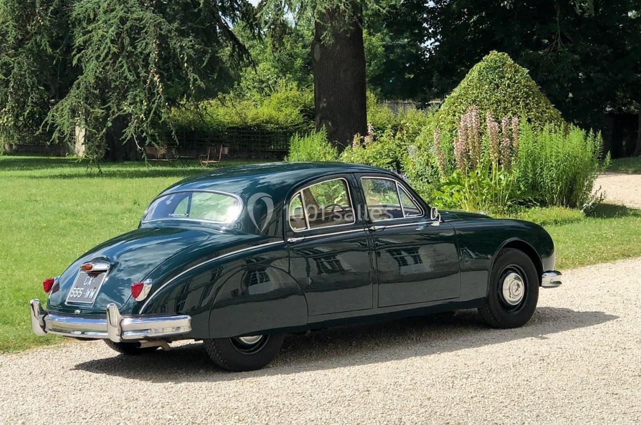 Voiture ancienne verte stationnée sur une allée gravillonnée, entourée de pelouse et de végétation.